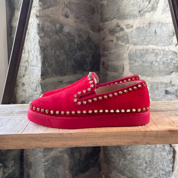 Christian Louboutin Red Suede Pik Boat Spike Slip On Sneakers - Picture 5 of 10